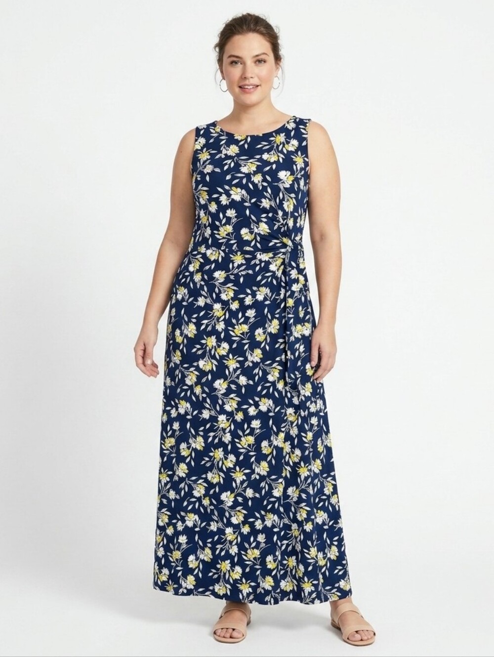Lands’ End Sleeveless Tie Waist Maxi Dress Sz L Blue Floral Jersey Knit Stretch